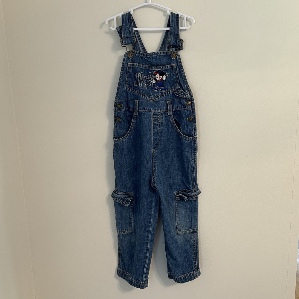 VTG Mickey Mouse construction boys denim‎ overalls 4T classic 90s blue Disney